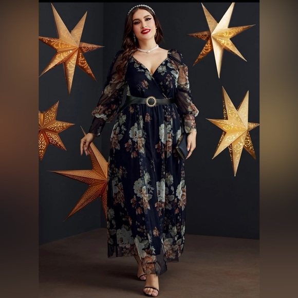 Plus Random Floral Print Overlap Collar Bishop Sleeve Belted Mesh Dress - Picture 6 of 14